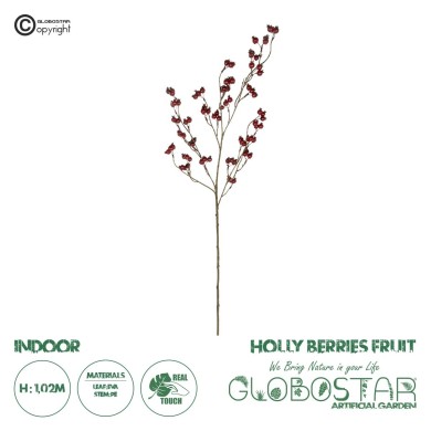 GloboStar® Artificial Garden RED HOLLY BERRIES FRUIT BRANCH 21428 Τεχνητό Διακοσμητικό Κλαδί Κόκκινο Γκί Y102cm
